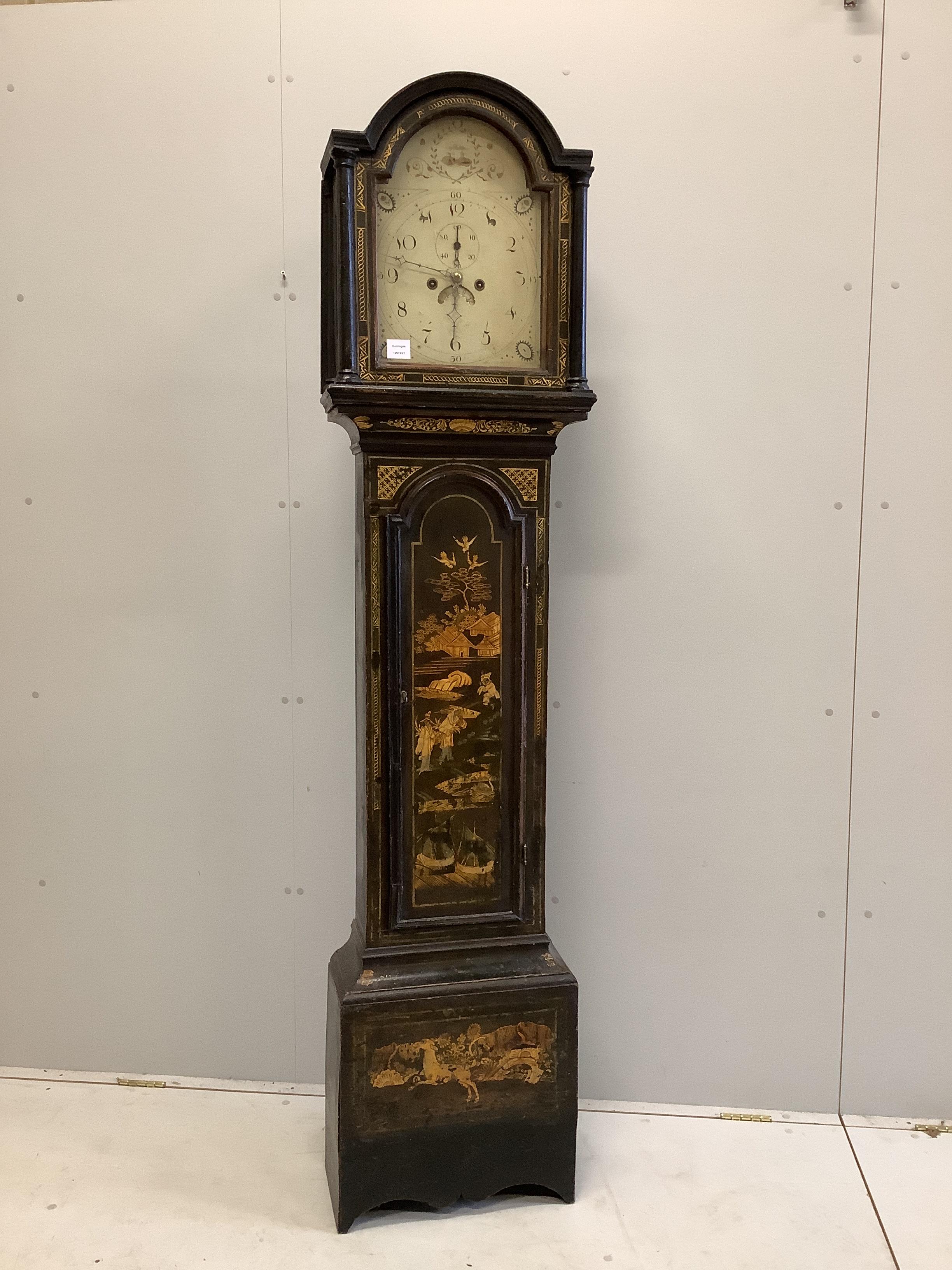 A 19th century black and gold chinoiserie lacquer eight day longcase clock, with a painted arched enamelled dial, height 204cm